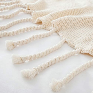 Revdomfly Beige Knitted Throw Blanket with Tassels