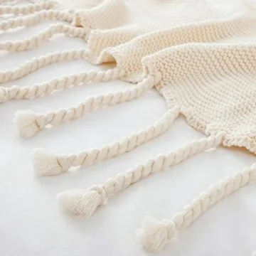 Revdomfly Beige Knitted Throw Blanket with Tassels