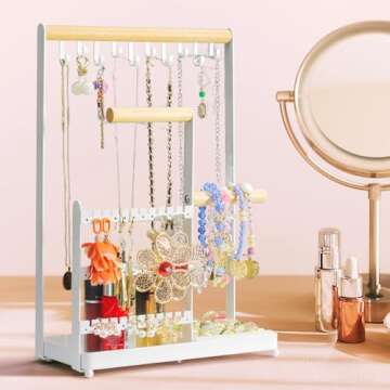 Jewelry Organizer Display Stand, Jewelry Holder Organizer with 36 Holes Earring Holder and 10 Hooks Necklace Organizer and Velvet Ring Holder Dish, Unique Gifts Idea for Women Room Decor (White)