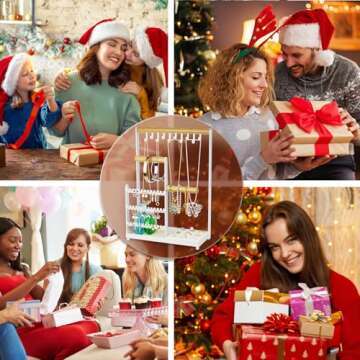 Jewelry Organizer Display Stand, Jewelry Holder Organizer with 36 Holes Earring Holder and 10 Hooks Necklace Organizer and Velvet Ring Holder Dish, Unique Gifts Idea for Women Room Decor (White)