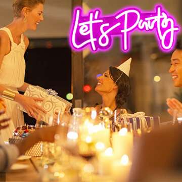 Ajoyferris Let's Party Neon Signs Neon Light Sign for Wall Decor 16''x 7'' Word LED Neon Sign Art Decorative Lights for Bachelorette Party, Engagement Party, Birthday Party,Wedding Party Pink