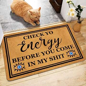 Front Door Mat Welcome Mat Check Yo Energy Before You Come in My Rubber Non Slip Backing Funny Doormat Indoor Outdoor Rug 23.6" X 15.7"