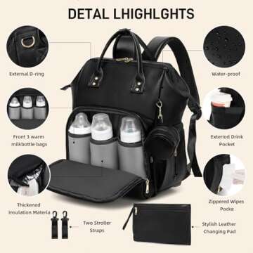 ROSEGIN Lightweight Vegan Leather Diaper Bag Backpack with Waterproof Changing Pad – Perfect for T...