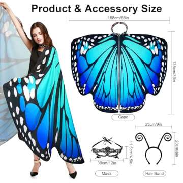 Halloween Costumes for Women Adult Butterfly Costumes Wing Cape Shawl 3Pcs with Lace Mask and Black Velvet Antenna Headband