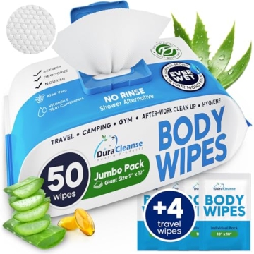 XL Body Wipes for Adults Bathing No Rinse - 50 Ct. + 4 Travel Shower Wipes - 9"x12" Thick Cleansing ...