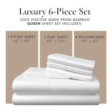 Bamboo Bay 6 Piece Queen Size Sheet Set, 100% Viscose Made from Bamboo, Breathable, Ultra Soft Cooling Bed Sheets for Hot Sleepers, Beddings with Deep Pockets Fit 16" Mattress, White