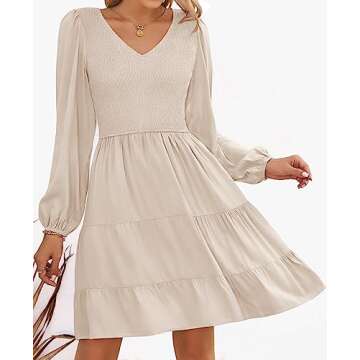 ZESICA Women's Casual V Neck Long Sleeve Smocked High Waist Ruffle A Line Tiered Mini Dress in Beige