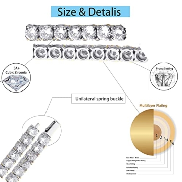 OYOGAA 5MM Colorful Baguette Tennis Necklace Chains For Women Spring Buckle 14K Gold Plated Full Cubic Zironia Tennis Rhinestone Diamond Choker Chain Necklaces For Men Women(16, Silver)