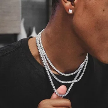 OYOGAA 5MM Colorful Baguette Tennis Necklace Chains For Women Spring Buckle 14K Gold Plated Full Cubic Zironia Tennis Rhinestone Diamond Choker Chain Necklaces For Men Women(16, Silver)