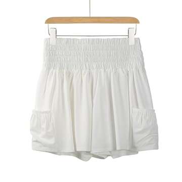 Blaosn Flowy Athletic Shorts for Women Gym Yoga Wokout Running Sweat Spandex Tennis Skirts High Waisted with Pockets Cute Trendy Clothes Lounge Casual Summer(L,White)