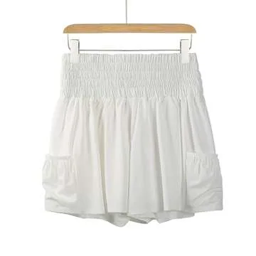 Blaosn Flowy Athletic Shorts for Women Gym Yoga Wokout Running Sweat Spandex Tennis Skirts High Waisted with Pockets Cute Trendy Clothes Lounge Casual Summer(L,White)