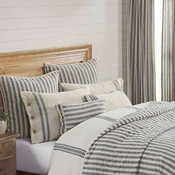 Piper CLASSICS Market Place Gray Ticking Stripe Pillow Cover, 12in x 20in, Farmhouse decor Grey & Cream w/Buttons