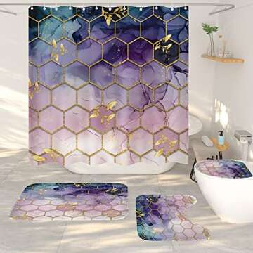 elepdfcd Shower Curtain Set, Marble Bathroom Accessories, 4 Piece Modern Geometric Purple Bathroom D...