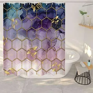 elepdfcd Shower Curtain Set, Marble Bathroom Accessories, 4 Piece Modern Geometric Purple Bathroom Decor Sets with Rugs and Waterproof Shower Curtains, 12 Hooks, Gold Black