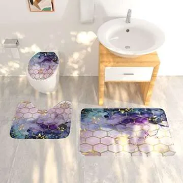 elepdfcd Shower Curtain Set, Marble Bathroom Accessories, 4 Piece Modern Geometric Purple Bathroom Decor Sets with Rugs and Waterproof Shower Curtains, 12 Hooks, Gold Black