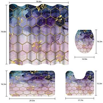 elepdfcd Shower Curtain Set, Marble Bathroom Accessories, 4 Piece Modern Geometric Purple Bathroom Decor Sets with Rugs and Waterproof Shower Curtains, 12 Hooks, Gold Black