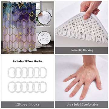 elepdfcd Shower Curtain Set, Marble Bathroom Accessories, 4 Piece Modern Geometric Purple Bathroom Decor Sets with Rugs and Waterproof Shower Curtains, 12 Hooks, Gold Black