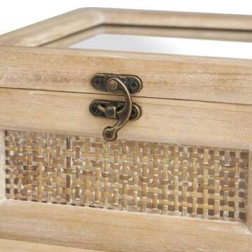 The Novogratz Wood Decorative Box Glass Top Decorative Keepsake Boxes with Rattan Side Panels and Br...