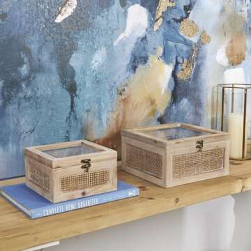 The Novogratz Wood Decorative Box Glass Top Decorative Keepsake Boxes with Rattan Side Panels and Bronze Hook Closures, Set of 2 Storage Boxes 9", 7"W, Light Brown