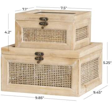 The Novogratz Wood Decorative Box Glass Top Decorative Keepsake Boxes with Rattan Side Panels and Bronze Hook Closures, Set of 2 Storage Boxes 9", 7"W, Light Brown