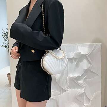 Women Seashell Evening Bag Purse Mermaid Chain Strap Clutch Handbag Shoulder Bag (Marble-White) One Size