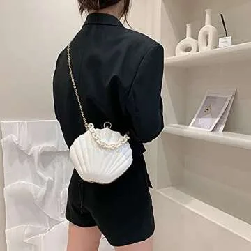 Women Seashell Evening Bag Purse Mermaid Chain Strap Clutch Handbag Shoulder Bag (Marble-White) One Size