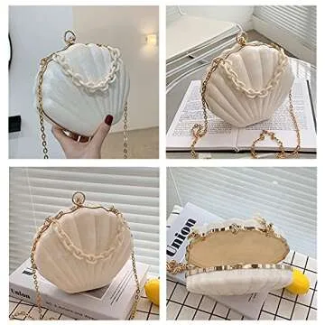Women Seashell Evening Bag Purse Mermaid Chain Strap Clutch Handbag Shoulder Bag (Marble-White) One Size