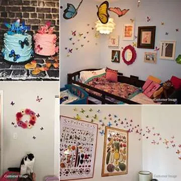 60pcs Butterfly Wall Decor, Plastic Fake Butterflies Wall Art Artware Decorations for Birthday Wedding Christmas Party Decorations, Cake Decorations, Removable Stickers