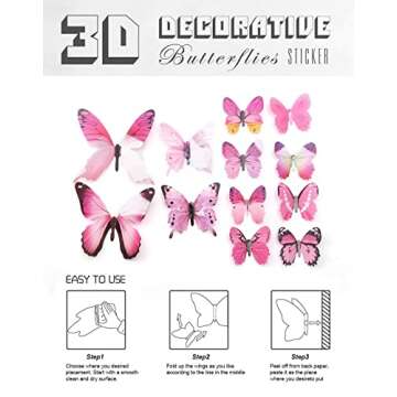 60pcs Butterfly Wall Decor, Plastic Fake Butterflies Wall Art Artware Decorations for Birthday Wedding Christmas Party Decorations, Cake Decorations, Removable Stickers