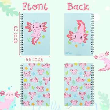 L1rabe 2 A5 Axolotl Spiral Notebooks Spring Back to School Cute Notebooks