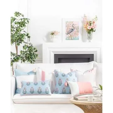 Hofdeco Premium Coastal Patio Indoor Outdoor Lumbar Pillow Cover Only, 12"x20" Water Repellent for Backyard, Couch, Baby Blue Blush Pink Floral with Piping