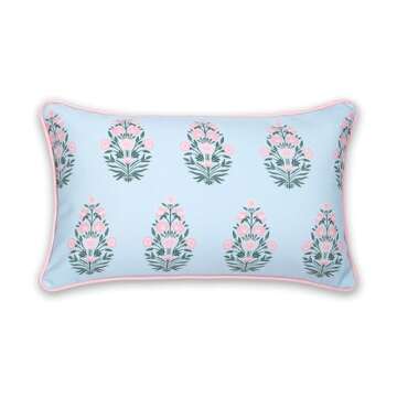 Hofdeco Premium Coastal Patio Indoor Outdoor Lumbar Pillow Cover Only, 12"x20" Water Repellent for Backyard, Couch, Baby Blue Blush Pink Floral with Piping