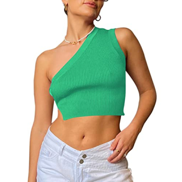 SAFRISIOR Sexy One Shoulder Backless Knitted Crop Top Hot Green