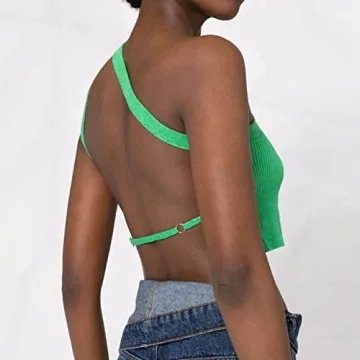 SAFRISIOR Sexy One Shoulder Backless Knitted Crop Top Hot Green