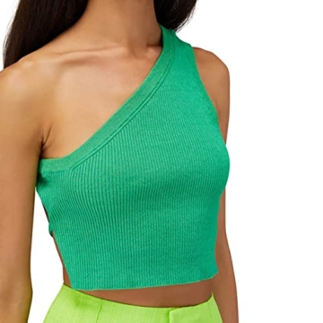 SAFRISIOR Sexy One Shoulder Backless Knitted Crop Top Hot Green