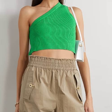 SAFRISIOR Sexy One Shoulder Backless Knitted Crop Top Hot Green