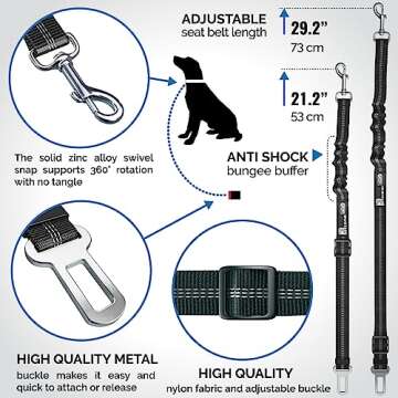 Adjustible Dog Car Harness | Seat Belt for Dogs with Elastic Bungee Buffer | Essential Dog Travel Accessories | Dog Car Leash Safety Restraint for Pets | Elastic (Black)