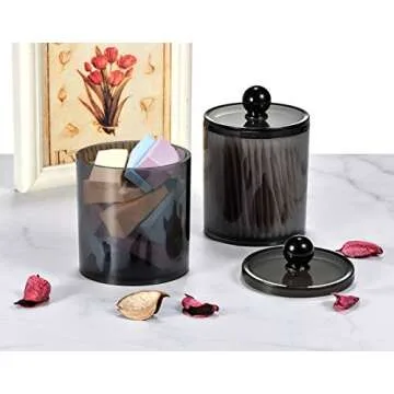 SheeChung 4 Pack Plastic Acrylic Bathroom Vanity Countertop Canister Jars with Storage Lid, Apothecary Jars Qtip Holder Makeup Organizer for Cotton Balls,Swabs,Pads,Bath Salts (Black)