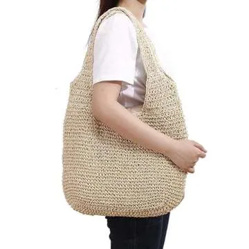 FASHLANLIKA Beach Bag Straw Purses for Women Summer Woven Beach Tote Bag with Straw Clutch (Beige)