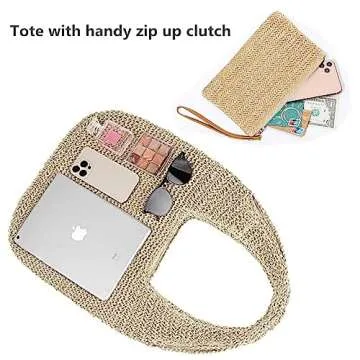 FASHLANLIKA Beach Bag Straw Purses for Women Summer Woven Beach Tote Bag with Straw Clutch (Beige)