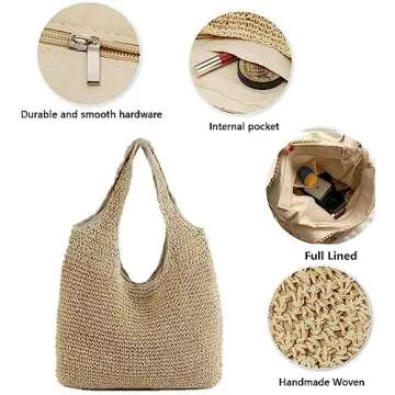 FASHLANLIKA Beach Bag Straw Purses for Women Summer Woven Beach Tote Bag with Straw Clutch (Beige)