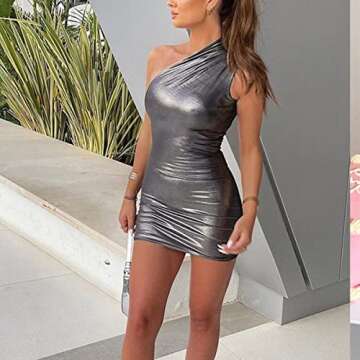 LuFeng Women's Sexy Sleeveless Pu Leather One Shoulder Slim Fit Package Hip Club Mini Dress Silver