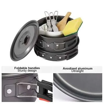 REDCAMP 19 PCS Camping Cookware Mess Kit Camping Gear Campfire Utensils Lightweight Stackable Pot Pan Bowls Soup Spoon with Storage Bag for Camping, Backpacking, Outdoor Cooking and Picnic, Black