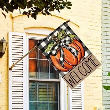 AVOIN colorlife Fall Pumpkin Welcome House Flag Double Sided, Autumn Thanksgiving Holiday Harvest Buffalo Plaid Yard Outdoor Decoration 28x40 Inch