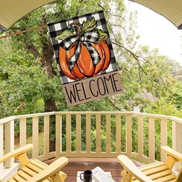 AVOIN colorlife Fall Pumpkin Welcome House Flag Double Sided, Autumn Thanksgiving Holiday Harvest Buffalo Plaid Yard Outdoor Decoration 28x40 Inch
