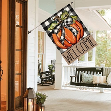 AVOIN colorlife Fall Pumpkin Welcome House Flag Double Sided, Autumn Thanksgiving Holiday Harvest Buffalo Plaid Yard Outdoor Decoration 28x40 Inch