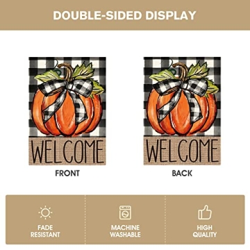 AVOIN colorlife Fall Pumpkin Welcome House Flag Double Sided, Autumn Thanksgiving Holiday Harvest Buffalo Plaid Yard Outdoor Decoration 28x40 Inch
