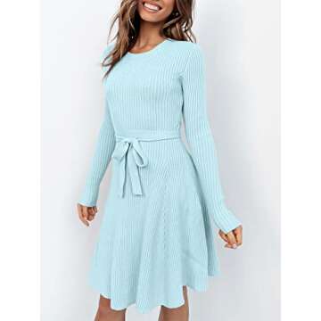 ANRABESS Women's Long Sleeve Midi Dress Crewneck Tie Waist A-Line Swing Casual Bodycon Ribbed Knit 2...