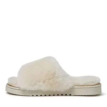 Dearfoams Women's Fireside Cairns Shearling Slide with Metallic Trim Slipper, Natural, 11