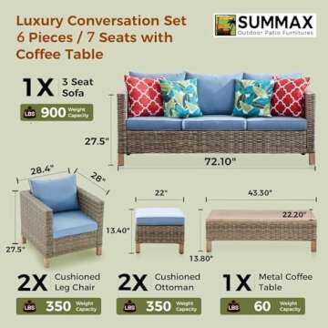 Summax 6 Pieces Sectional Sofa with Metal Top Coffee Table, Conversation Set Wicker Rattan Outdoor F...